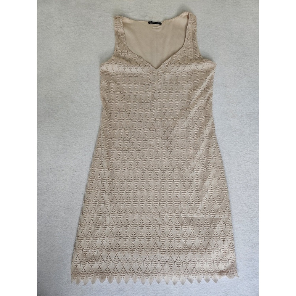 Zara Beige Lace Crochet Knit Sleeveless V-Neck Mini Dress Scalloped Hem Nude Tan
